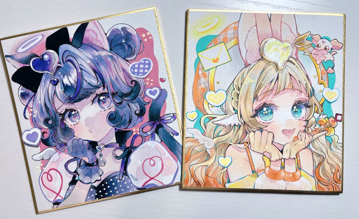 色紙 コピックとアクリルとアクレアを使った かわいくなった〜！！💜💛