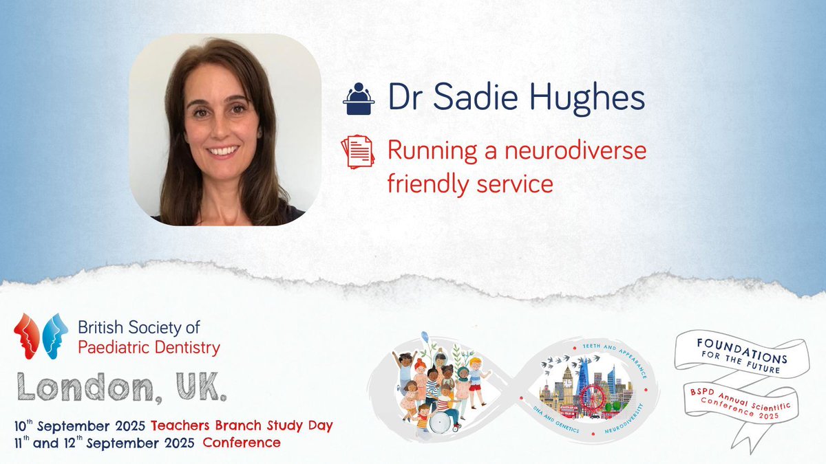 BSPDconf's tweet image. Highlight at #BSPD2025
🎙️ Dr Sadie Hughes BDS MFDSRCPS MSc, Consultant in Special Care Dentistry / HSCDS Sedation Lead / SAAD President / STAC chair, Hertfordshire Community NHS Trust
📄 “Running a neurodiverse friendly service”
Find out more ➡️ fitwise.eventsair.com/bspd-2025/