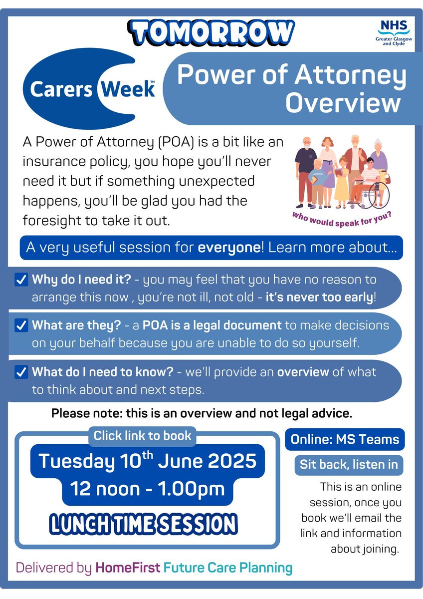 NHSGGC Carers (@nhsggccarers) on Twitter photo So, who can legally speak on your behalf if you were taken unwell & unable to speak for yourself? Join us to find out β‘ open to everyone π‘
To book π link.webropol.com/ep/CWpoa100620β¦
<a href="/dixon_south/">Glasgow South Carers Centre</a> <a href="/Rcarers/">Renfrewshire Carers Centre</a> <a href="/CarersLinkED/">CarersLinkED</a> <a href="/ERCCentre/">East Renfrewshire Carers Centre</a> <a href="/quarriers/">Quarriers</a> <a href="/gamhcarercentre/">GAMH North East Carers Service</a> <a href="/eastend_carers/">East End Carers</a> <a href="/carersweek/">Carers Week</a> So, who can legally speak on your behalf if you were taken unwell & unable to speak for yourself? Join us to find out β‘ open to everyone π‘
To book π link.webropol.com/ep/CWpoa100620β¦
<a href="/dixon_south/">Glasgow South Carers Centre</a> <a href="/Rcarers/">Renfrewshire Carers Centre</a> <a href="/CarersLinkED/">CarersLinkED</a> <a href="/ERCCentre/">East Renfrewshire Carers Centre</a> <a href="/quarriers/">Quarriers</a> <a href="/gamhcarercentre/">GAMH North East Carers Service</a> <a href="/eastend_carers/">East End Carers</a> <a href="/carersweek/">Carers Week</a>