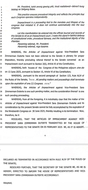 READ: Senator Robin Padilla formally files Senate Resolution No. 1371 seeking to terminate the impeachment proceedings against Vice President Sara Duterte. 

With the 19th Congress set to adjourn sine die on Friday, June 13, Padilla emphasizes that all pending matters, including
