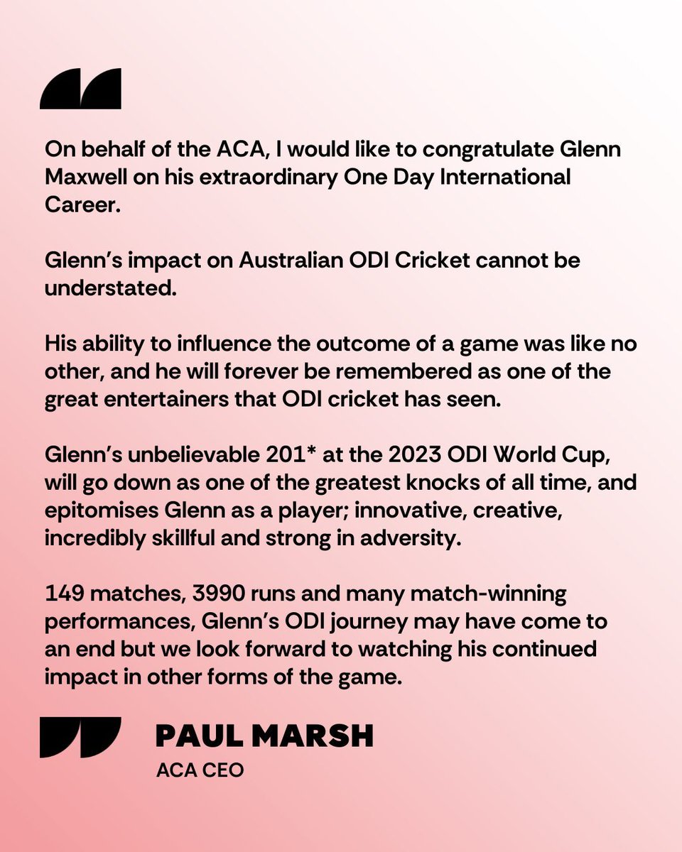 A statement from ACA CEO Paul Marsh, on <a href="/Gmaxi_32/">Glenn Maxwell</a>'s retirement from ODI Cricket.