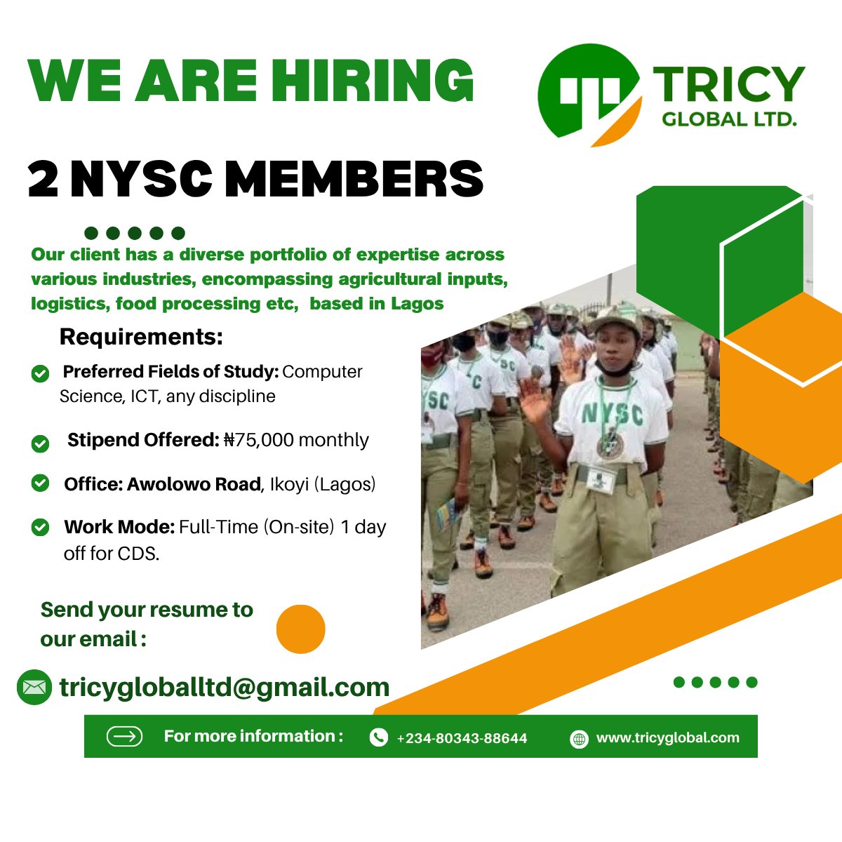 ABAMARA's tweet photo. Urgent Vacancy NYSC 
We are in need of 2 NYSC corpers who just left camp
Client Office: Ikoyi awolowo road, Lagos
Field of study: Any discipline is fine
Monthly pay of N75,000

Send an application to tricygloballtd@gmail.com or DM CVS

#hiring #vacancy #jobalert #lagos https://t.co/lGEkbsuh8I