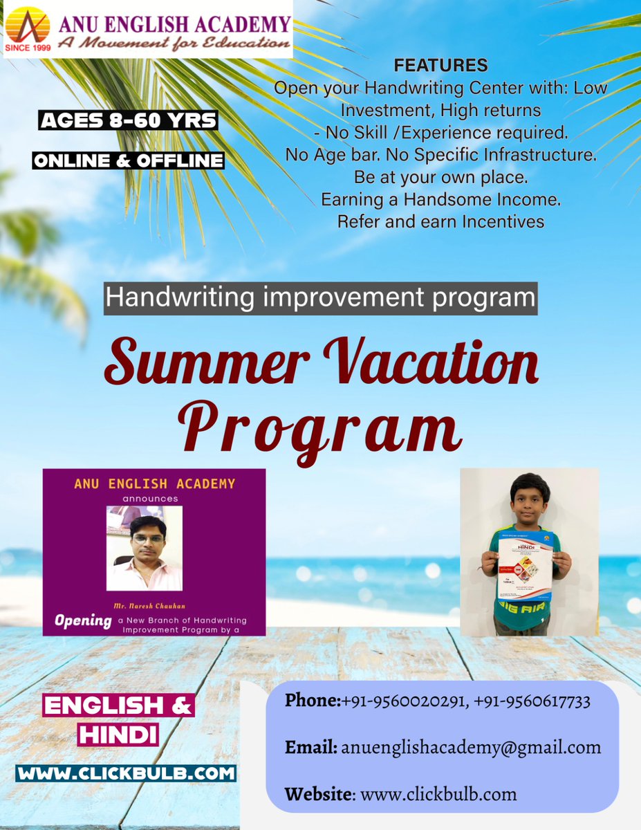 anu_english's tweet photo. 🌞✍️ Summer Vacation Handwriting Improvement Program ✍️🌞
Boost confidence, clarity &amp; creativity — for ages 8 to 60!
📚 Learn Online or Offline | 🗣 English &amp; Hindi
#anuenglishacademy #summervacation #handwritingimprovement https://t.co/j45hqVcKuk