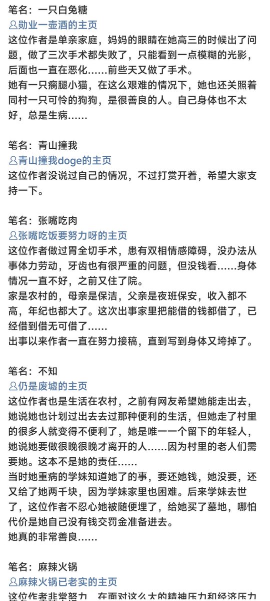 去年遭遇安徽绩溪捕捞的作者中一些作者境况如图。
去年主要针对头部作者，要她们退赃罚金，很多家境极差写文为生，要她们一下子给出几万十几万甚至更多的罚金，有些人只能去借网贷（交不上罚金就是实刑而不是缓刑了）
怎么看也都不像是有拍拍屁股跑出国的能力。
真应了那句幸福千篇一律，苦难千奇百怪