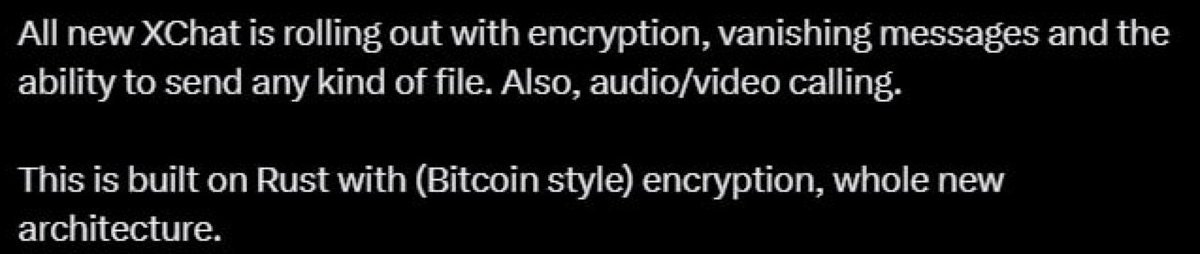 Romereth's tweet photo. Elon Musk has announced the launch of XChat for messaging, one of the key features is that it is built on the Rust programming language with Bitcoin-style encryption. LFG mate! https://t.co/VTEltPnNvn