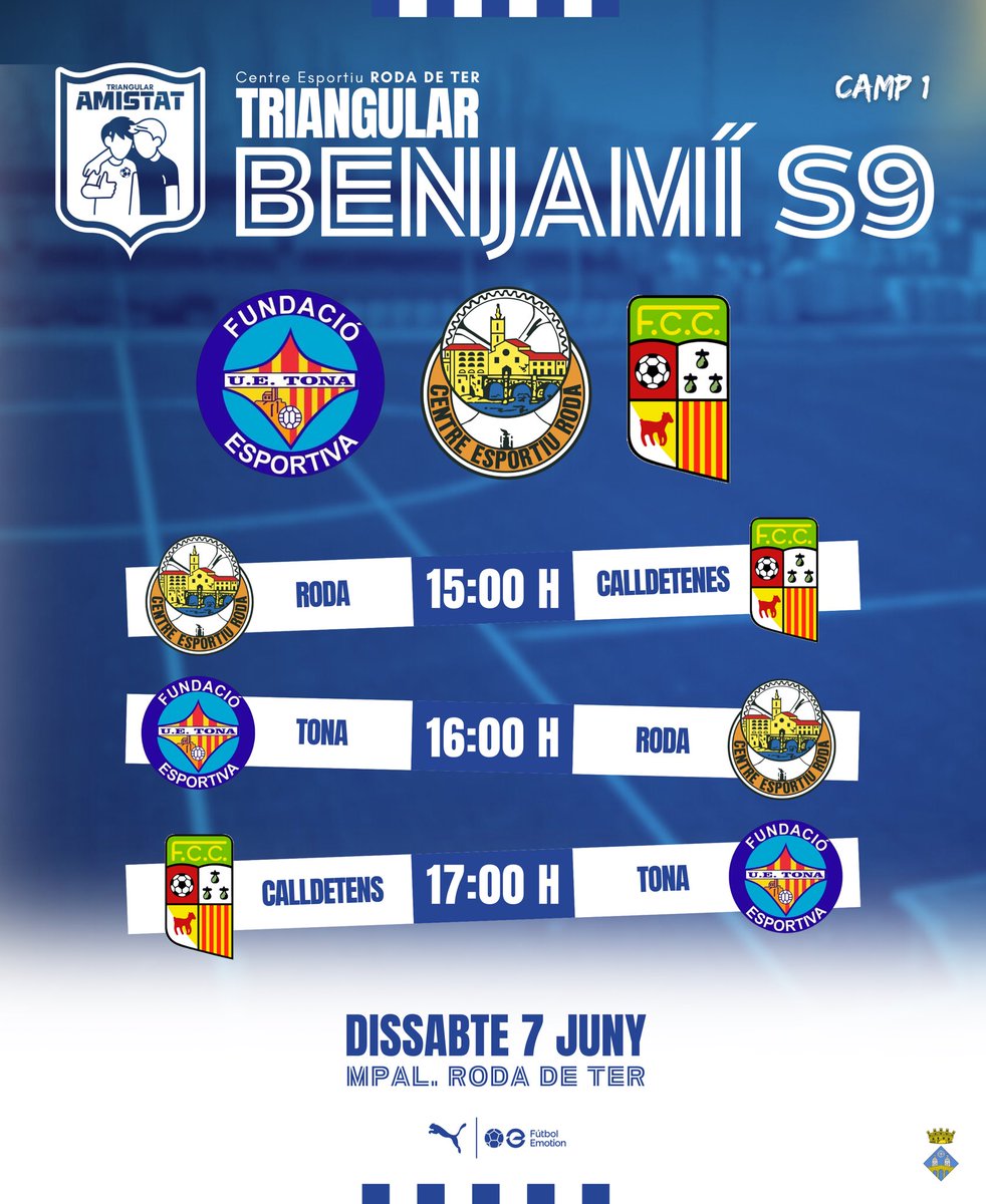 ⚽️ 𝐓𝐑𝐈𝐀𝐍𝐆𝐔𝐋𝐀𝐑 𝐂𝐄 𝐑𝐎𝐃𝐀 🇫🇮

✅ 🅑🅔🅝🅥🅘🅝🅖🅤🅣🅢:

🫱🏻‍🫲🏼 <a href="/FundacioUETona/">UE Tona</a> 
🫱🏻‍🫲🏼 <a href="/fc_calldetenes/">FC Calldetenes</a> 
🫱🏻‍🫲🏼 <a href="/cerodadeter/">CE Roda de Ter 🇫🇮</a> 

📍 Mpal. Roda de Ter
⏰ Dues parts de 20’
🪑 Descans de 5’

💈SERVEI DE BAR amb esmorzars i dinars.