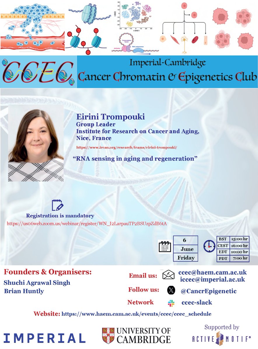 CambridgeCancerEpigeneticClub (@cancrepigenetic) on Twitter photo 📢📢Alert CCEC seminar@CancrEpigenetic just round the corner; Fri6th June 3PM UK time. With Eirini Trompouki, IRCAN, Nice,<a href="/etrompouki/">eirini trompouki</a> let'slearn:HSC development,RNA sensing & Transposable element;a connection 2 all.Link2join👉us06web.zoom.us/webinar/regist… <a href="/ShuchiChromaBio/">Shuchi Agrawal Singh</a> <a href="/activemotif/">Active Motif</a> 📢📢Alert CCEC seminar@CancrEpigenetic just round the corner; Fri6th June 3PM UK time. With Eirini Trompouki, IRCAN, Nice,<a href="/etrompouki/">eirini trompouki</a> let'slearn:HSC development,RNA sensing & Transposable element;a connection 2 all.Link2join👉us06web.zoom.us/webinar/regist… <a href="/ShuchiChromaBio/">Shuchi Agrawal Singh</a> <a href="/activemotif/">Active Motif</a>