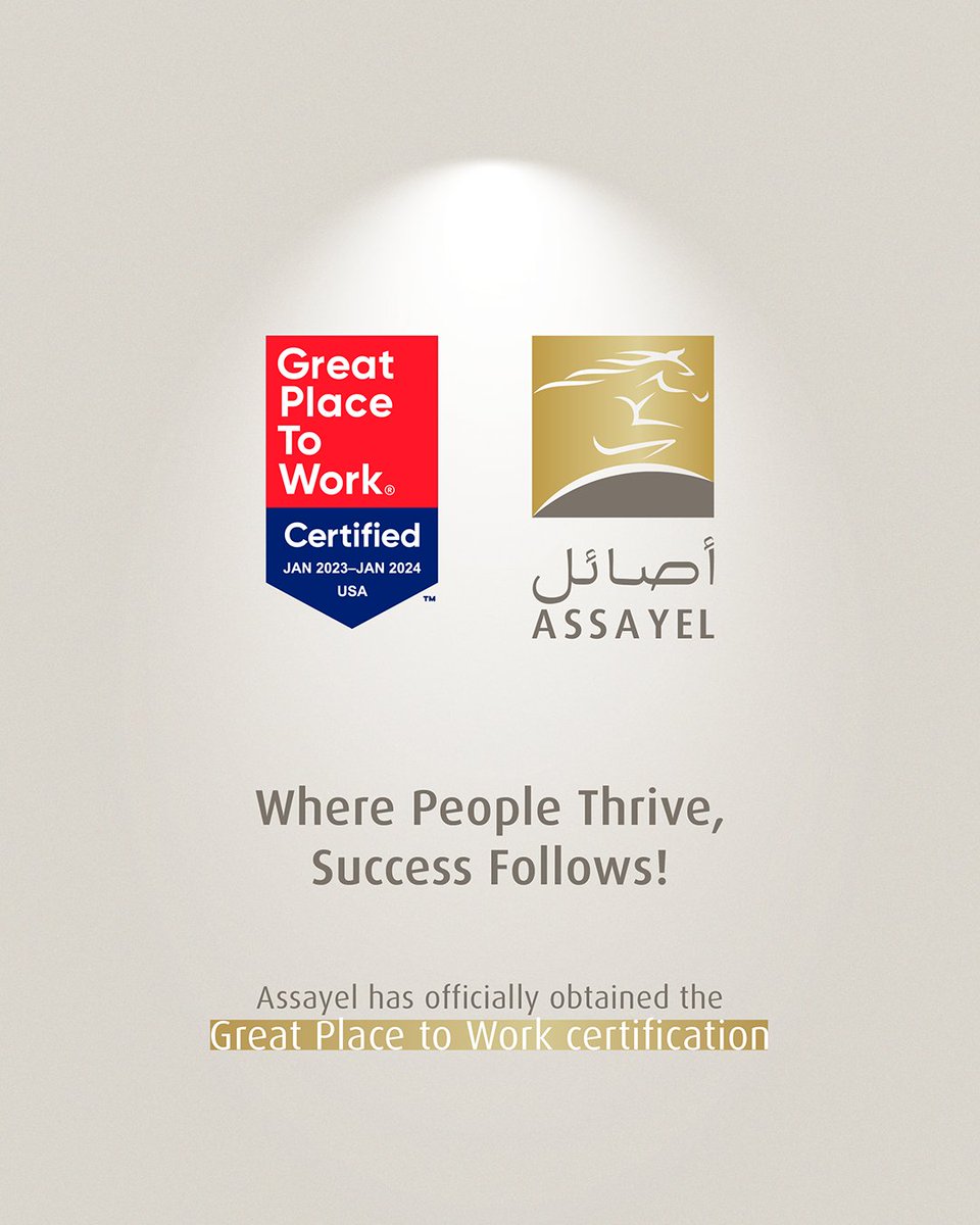 نفخر بالإعلان أننا في شركة أصائل قد حصلنا رسميًا على شهادة غريت بلايس تو وورك®   نتوجه بجزيل الشكر والامتنان لكل فرد في شركة أصائل، فبفضل شغفكم، والتزامكم، تحقق هذا الإنجاز الكبير
We’re proud to announce that we at Assayel have officially been certified as a Great Place to Work®