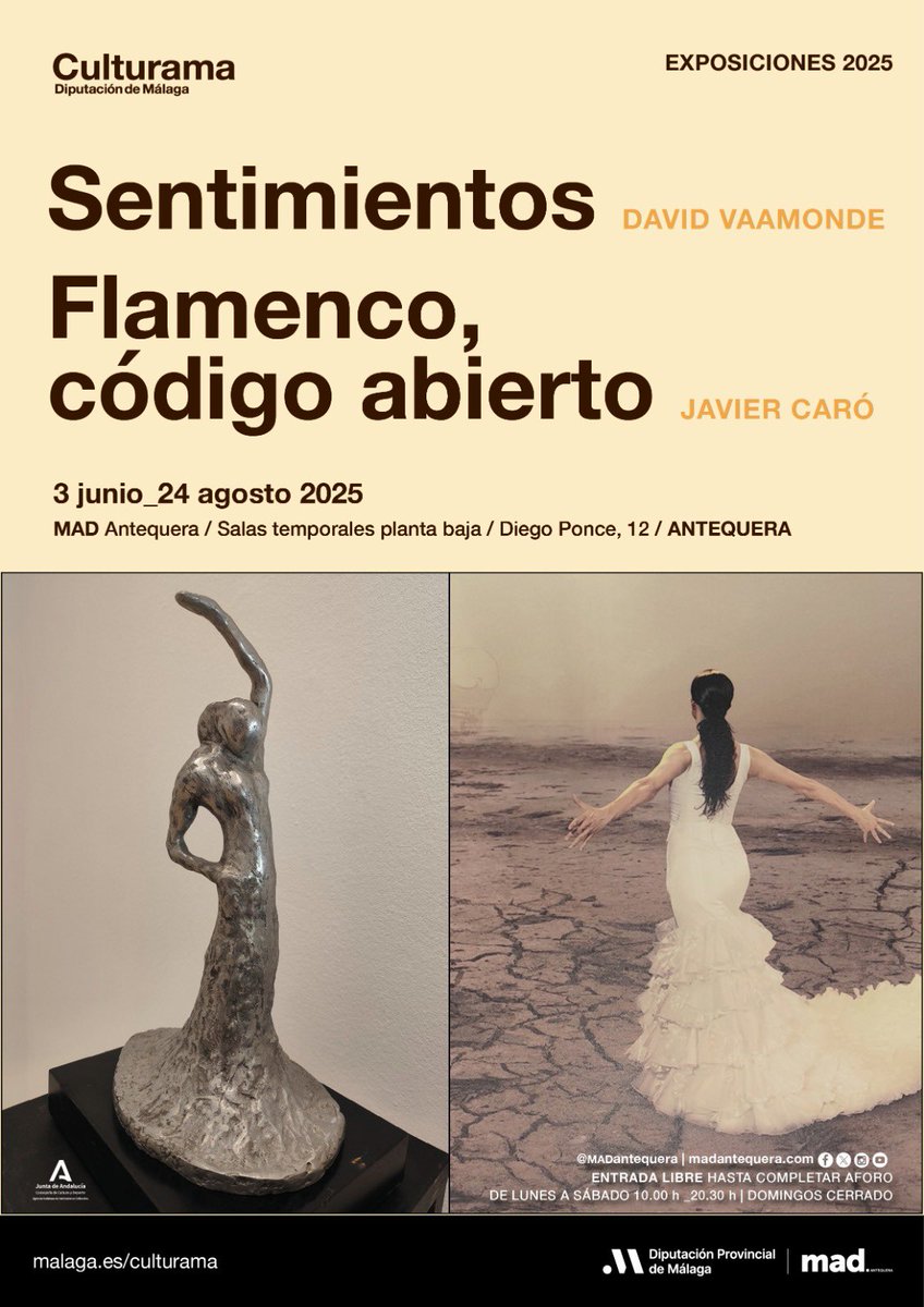 Nueva exposición: “Sentimientos” (David Vaamonde) y “Flamenco Código abierto” (Javier Caró), del 3/06 al 24/08. 
Esculturas y fotografías que capturan la esencia del flamenco.

Rueda de prensa mañana, 3/06, a las 13 h. Entrada libre hasta completar aforo.📢