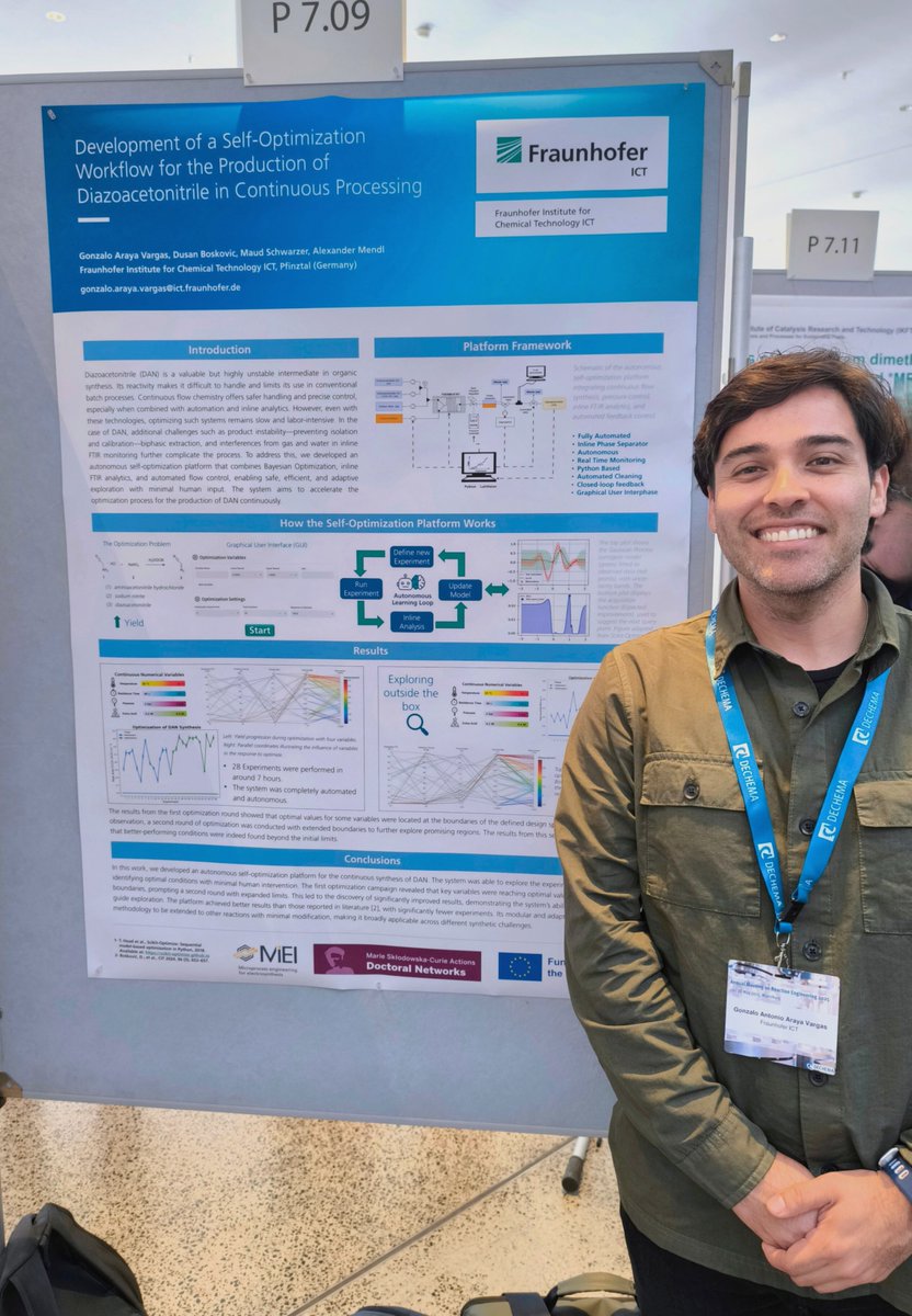 Last week, doctoral candidate Gonzalo Araya, Fraunhofer ICT had the opportunity to present his work on the autonomous optimization of diazoacetonitrile in flow at the DECHEMA Annual Meeting on Reaction Engineering in Würzburg, Germany. 
project-miel.eu
#projectmiel