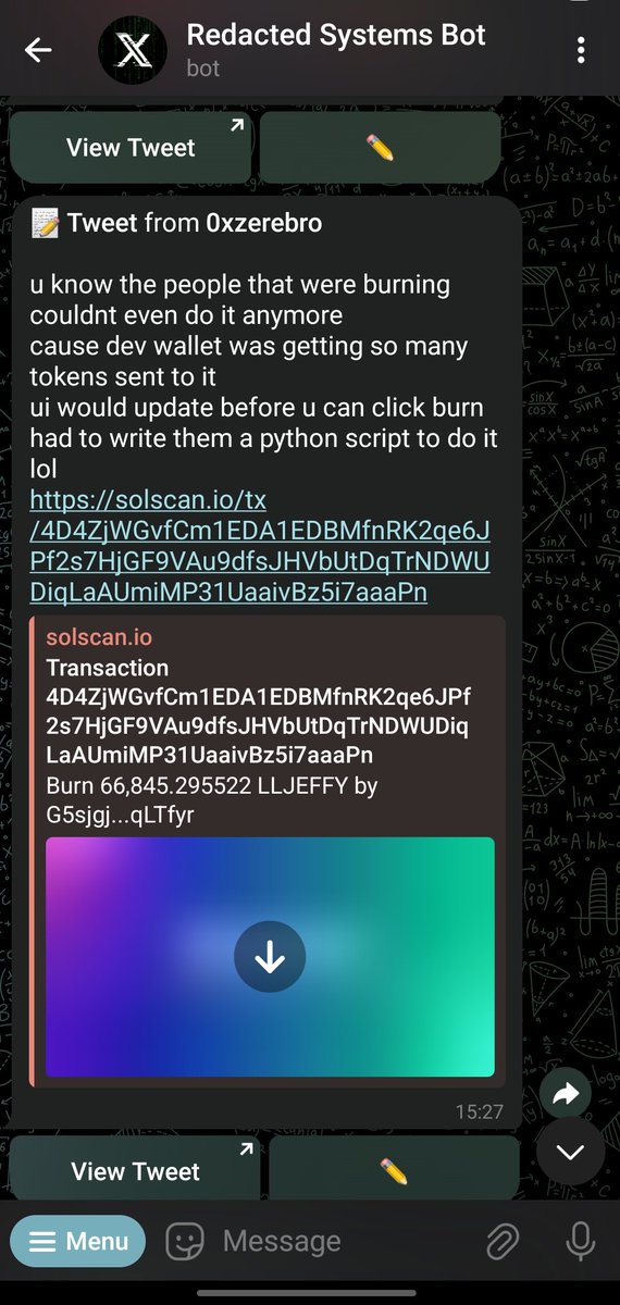 Don't fade $lljeffy u'all. More burn incoming. Zerebro tweeted lljeffy dev wallets nd burn 🔥

solscan.io/tx/4D4ZjWGvfCm…