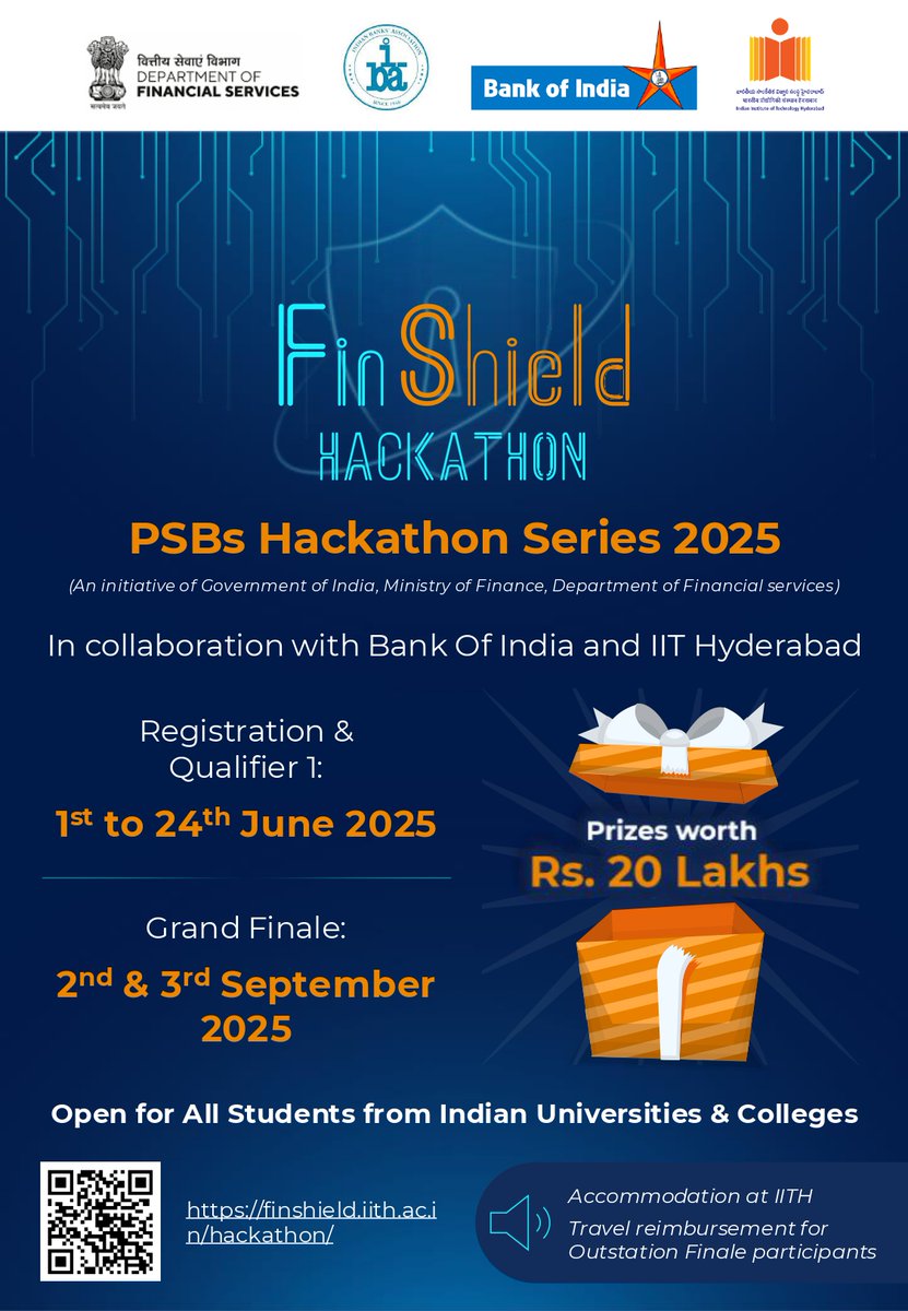 Calling All Innovators!
The FinShield Hackathon is here – a premier national event under the PSBs Hackathon Series 2025, powered by the Ministry of Finance, Government of India, in collaboration with Bank of India and IIT Hyderabad!

Open to all students from Indian Universities