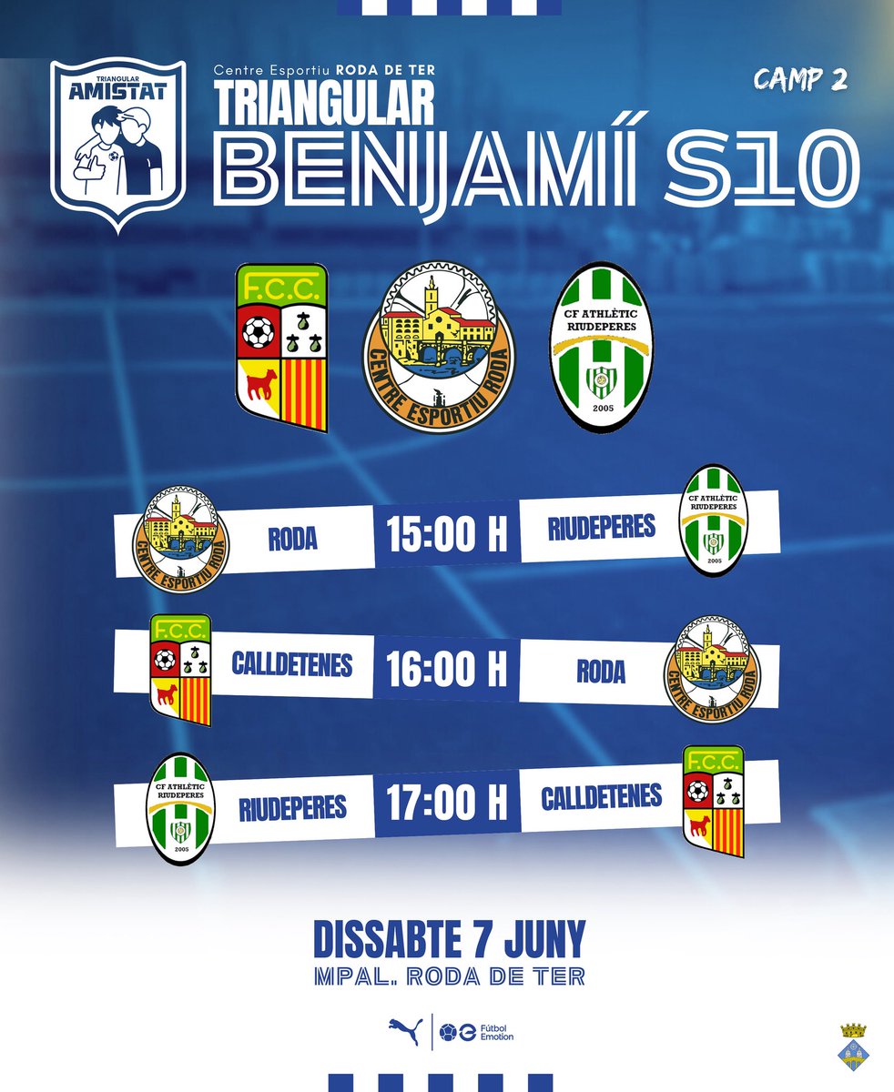 ⚽️ 𝐓𝐑𝐈𝐀𝐍𝐆𝐔𝐋𝐀𝐑 𝐂𝐄 𝐑𝐎𝐃𝐀 🇫🇮

✅ 🅑🅔🅝🅥🅘🅝🅖🅤🅣🅢:

🫱🏻‍🫲🏼 #ATRiudeperes 
🫱🏻‍🫲🏼 <a href="/fc_calldetenes/">FC Calldetenes</a> 
🫱🏻‍🫲🏼 <a href="/cerodadeter/">CE Roda de Ter 🇫🇮</a> 

📍 Mpal. Roda de Ter
⏰ Dues parts de 20’
🪑 Descans de 5’ 

💈SERVEI DE BAR amb esmorzars i dinars.