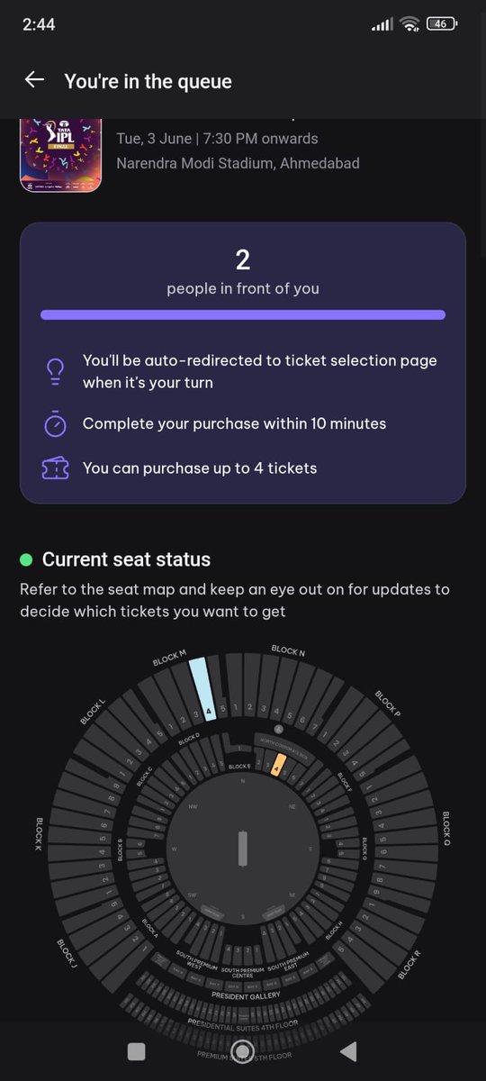 MathurShru40486's tweet photo. This is NOT just a complaint — this is the voice of a heartbroken fan.💔

For the #IPLFinal2025 at Narendra Modi Stadium, we waited on the District app around 45 minutes. It showed “2 people ahead of you” the entire time. https://t.co/xOAfu5q8Hf