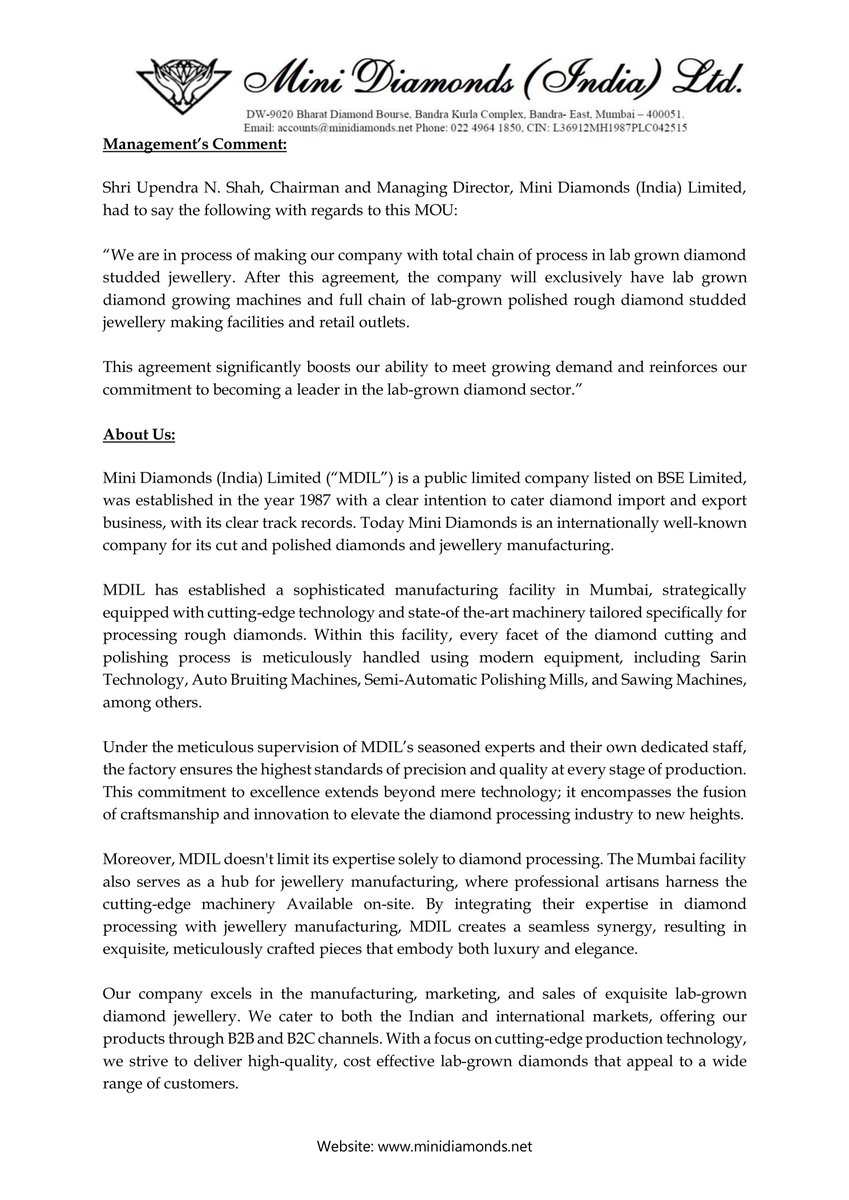 stocknewslatest's tweet image. #MINID Mini Diamonds (India) Limited (MDIL) has signed an MOU with Unique Lab Grown for priority supply of lab-grown rough diamonds. The agreement boosts MDIL's production capacity and strengthens its position in the lab-grown diamond sector, per Managing Director Upendra Shah.