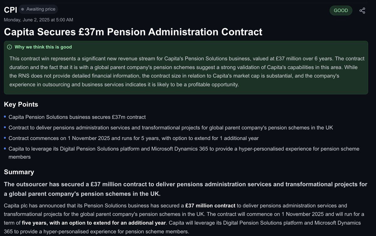 Capita Secures £37m Pension Administration Contract

The outsourcer has secured a £37 million contract to deliver pensions administration services and transformational projects for a global parent company's pension schemes in the UK.

marketshareai.uk/news/lse/cpi/5…