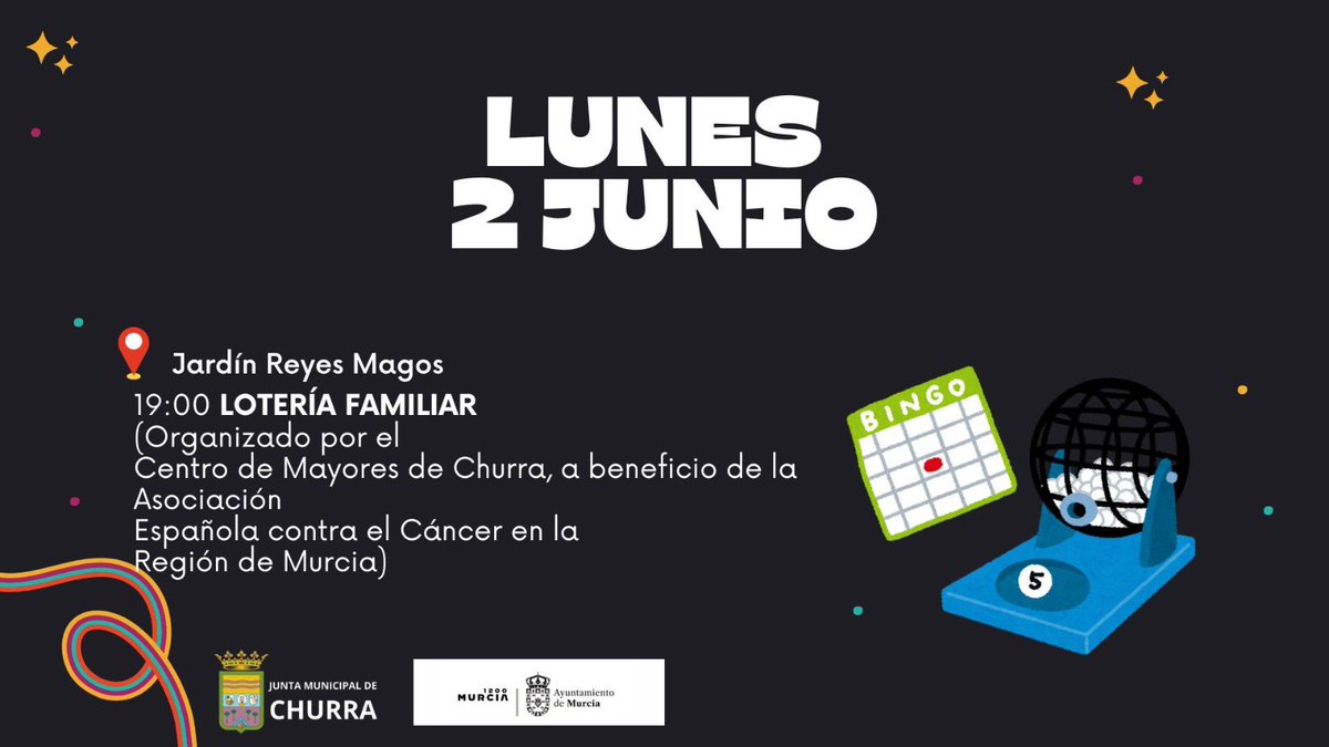 🎉 ¡LAS FIESTAS MÁS FELICES!

Una lotería familiar muy especial para todos, organizada por el Centro de Mayores de #Churra, a beneficio de la Asociación Española Contra el Cáncer en la Región de Murcia.

¡No te lo pierdas!

💫 #ChurraAvanza