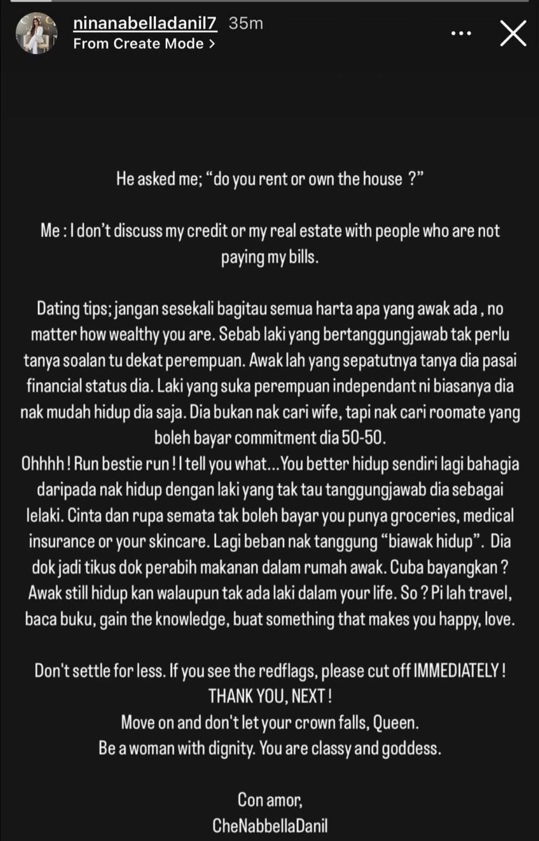 Lelaki tu tanya rumah kau sewa ke beli 

Tapi dia punya melalut macam apa suka konar2 tapi kalau perempuan macam ni selalunya gold digger trust me. Kalau ko pakai myvi jangan harap dia nak pandang