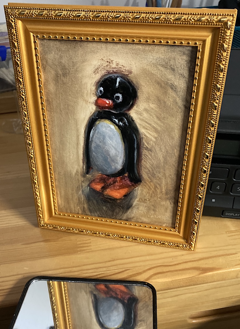 flakewhyte's tweet image. vintage pingu wind-up toy oil painting. 5x7&quot; #StillLife