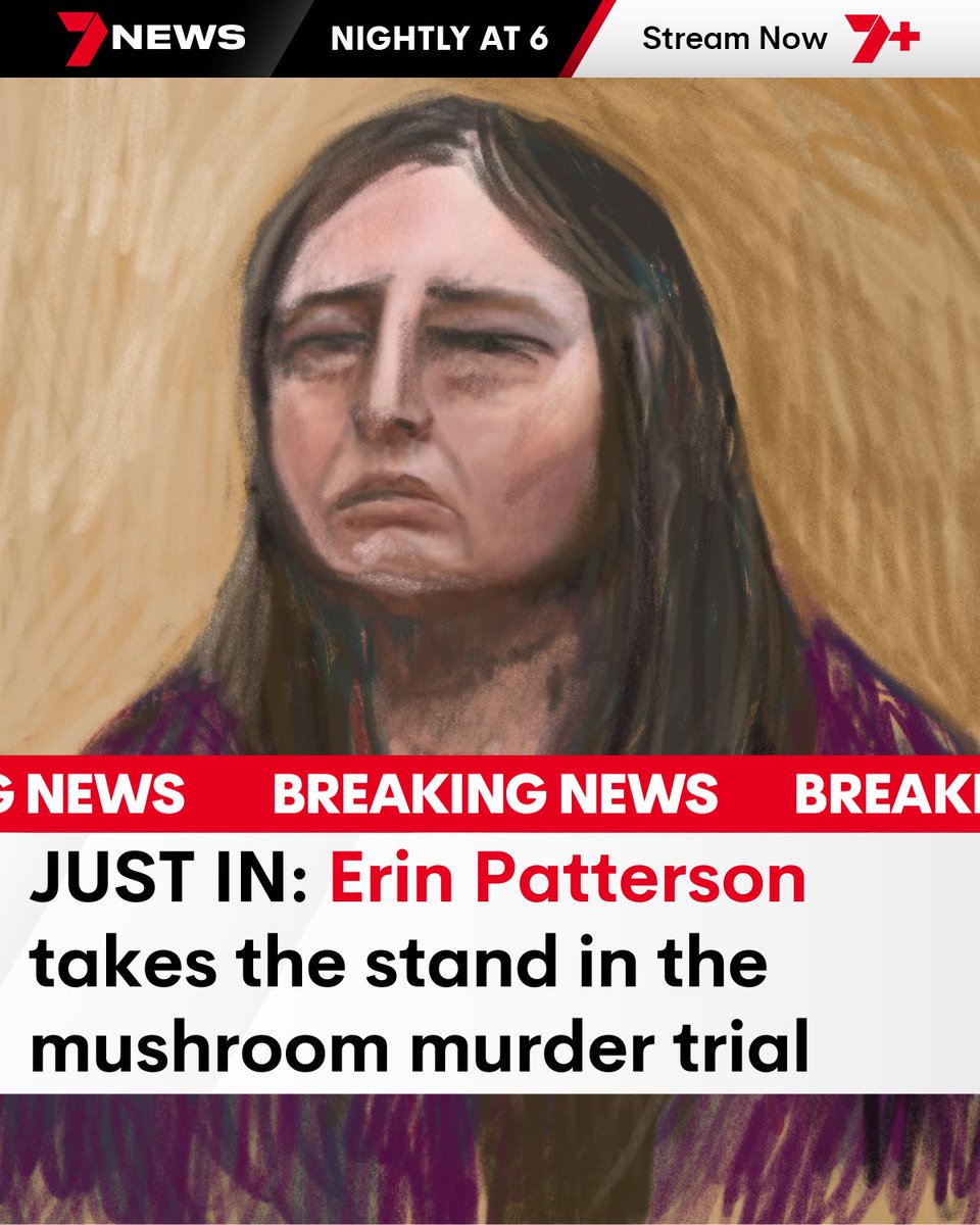 7NewsMelbourne's tweet photo. BREAKING: Erin Patterson has taken the stand to give evidence at her triple murder trial. A new court sketch has been released of the mother-of-two, who is accused of killing three people with death cap mushrooms. #mushroom #trial #court #courtcase #7NEWS https://t.co/20mSxrxO56