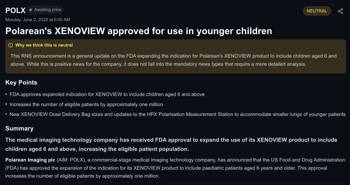 Polarean's XENOVIEW approved for use in younger children

FDA approval to expand the use of its XENOVIEW product to include children aged 6 

 - Great news for patients but the market is not a game changer for POLX

marketshareai.uk/news/lse/polx/…