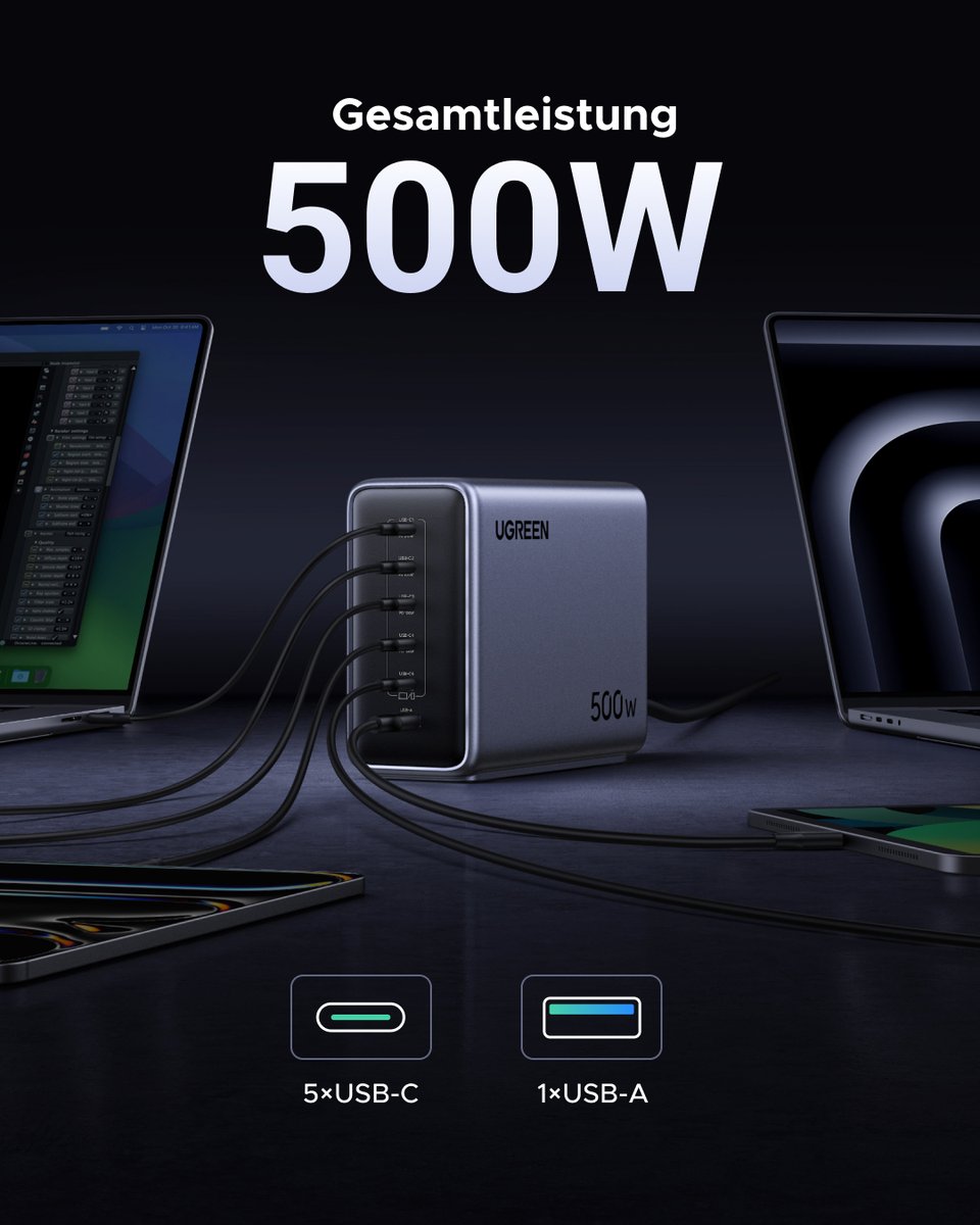 ⚡ Das weltweit erste 500W Ladegerät: UGREEN Nexode 500W – Kompakte Power, die alles verändert!  

⚡Mit 6 leistungsstarken GaNInfinity™ Chips erreichst du eine beeindruckende Energieeffizienz von 95 Prozent.

Das Ergebnis? Ultraschnelles und besonders stabiles Laden bei