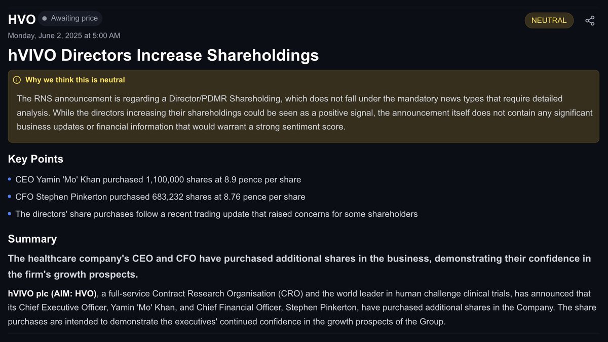 hVIVO Directors Increase Shareholdings

After the decline on Friday good to see director buys. Their holdings are minuscule  🤏 but every little helps

marketshareai.uk/news/lse/hvo/9…