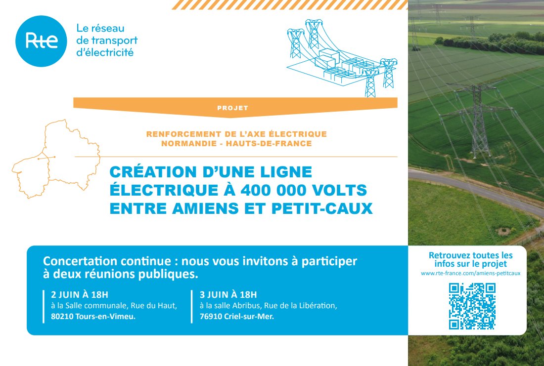 Rendez-vous ce lundi soir à 18h à la salle communale de Tours-en-Vimeu et mardi 3 juin à 18h à la salle Abribus de Criel-sur-Mer pour vous informer sur la suite du projet de renforcement de l’axe Normandie – Hauts-de-France avec la création d’une ligne entre Amiens et Petit-Caux.