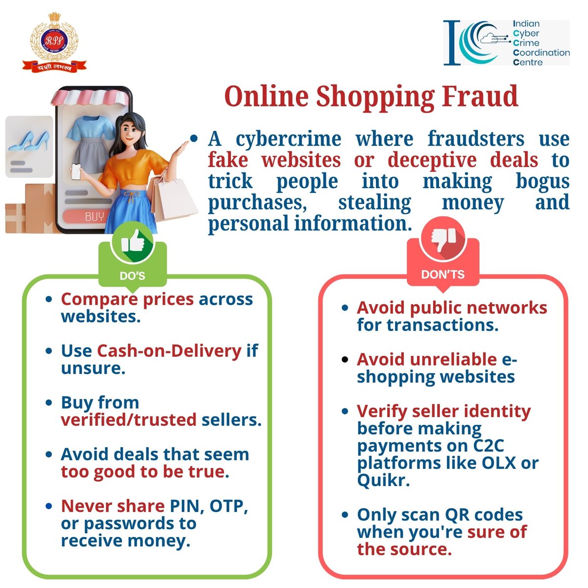 “Limited time offer!”
 “90% off”

Sounds dreamy? Might be scammy!
Online fraudsters love dressing traps as deals.

Swipe Wisely, Shop Smart.
#KnowCyberNoCrime
#ThinkBeforeYouClick #OnlineShoppingFraud #CyberSafety <a href="/Cyberdost/">CyberDost I4C</a> <a href="/RailMinIndia/">Ministry of Railways</a>