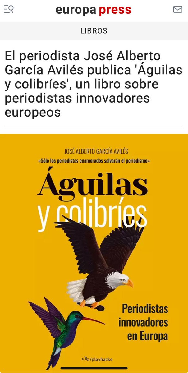 Jose A. García Avilés (@jagaraviles) on Twitter photo Muy agradecido a El Confidencial y Europa Press por difundir la presentación del libro en Madrid.
Miércoles 4 19:30 en la <a href="/aprensamadrid/">APM</a>. Acceso por Claudio Coello, 98. Entrada libre.
Te espero. Charlaremos sobre el buen periodismo
elconfidencial.com/amp/comunicaci…
europapress.es/cultura/libros… Muy agradecido a El Confidencial y Europa Press por difundir la presentación del libro en Madrid.
Miércoles 4 19:30 en la <a href="/aprensamadrid/">APM</a>. Acceso por Claudio Coello, 98. Entrada libre.
Te espero. Charlaremos sobre el buen periodismo
elconfidencial.com/amp/comunicaci…
europapress.es/cultura/libros…