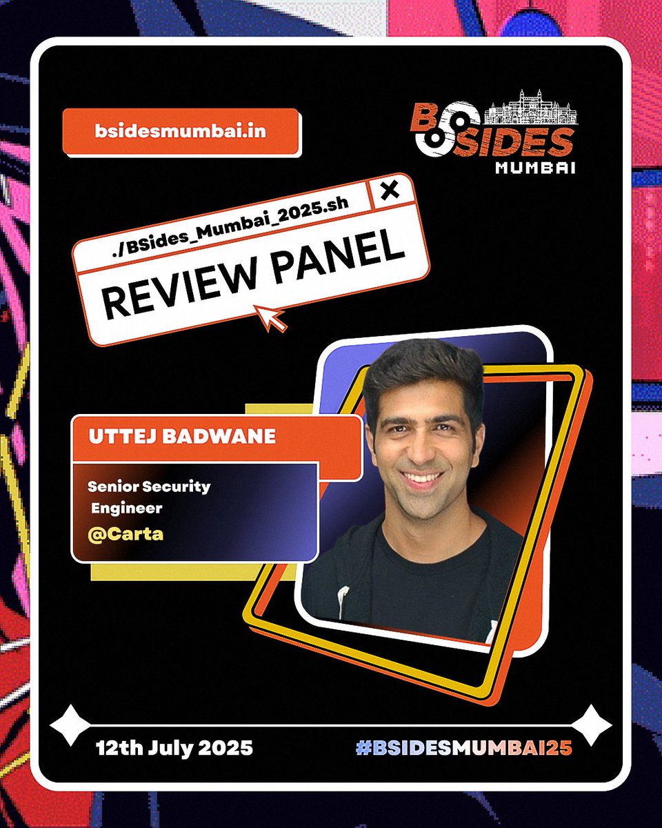BSidesMumbai's tweet photo. We’re thrilled to welcome Uttej Badwane to the BSides Mumbai 2025 Review Panel!

Senior Security Engineer Carta, Uttej brings a decade of cloud defense &amp; blue team expertise. A true mentor to future cyber pros!

📅 July 12, 2025
🎟️ https://t.co/0SH8buXJR2 https://t.co/zA8Fz3hkCB