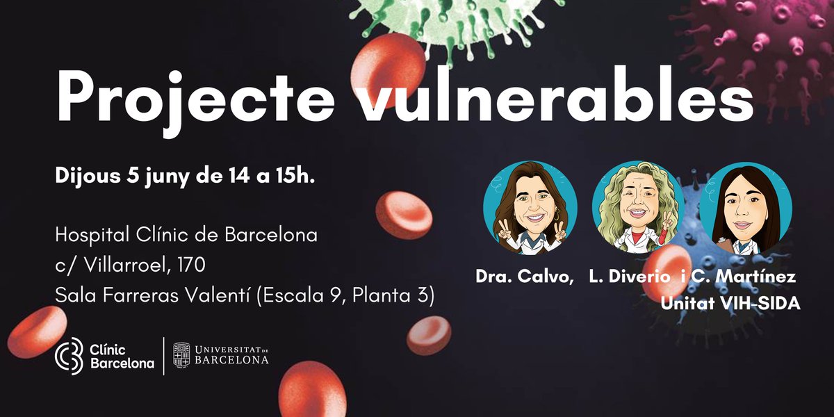 VIHClínicBCN (@bcnvih) on Twitter photo #SaveTheDate
📢 Nova sessió de la Unitat #VIH del #CLÍNIC
"Projecte vulnerables":
🗓 Dijous 5 de juny
🕑 14 a 15 h
📍 <a href="/hospitalclinic/">Hospital Clínic</a>
👩⚕️ Amb la Dra. Calvo, Lydia Diverio i Cristal Martínez
👥 Per a 🥼 del #CampusClinicUB
#SalutComunitària #PVIH #SaveTheDate
📢 Nova sessió de la Unitat #VIH del #CLÍNIC
"Projecte vulnerables":
🗓 Dijous 5 de juny
🕑 14 a 15 h
📍 <a href="/hospitalclinic/">Hospital Clínic</a>
👩⚕️ Amb la Dra. Calvo, Lydia Diverio i Cristal Martínez
👥 Per a 🥼 del #CampusClinicUB
#SalutComunitària #PVIH