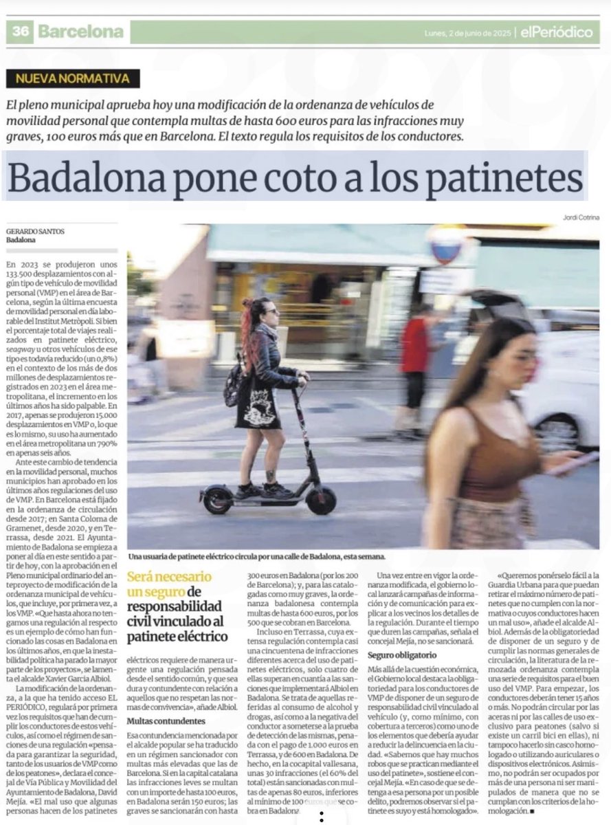 La impunidad de los patinetes se va a acabar en #Badalona. Esta tarde aprobamos en el Pleno municipal la ordenanza que regula su uso: solo podrá ir una persona, casco y seguro obligatorios, límite de velocidad y prohibición de ir por las aceras. Para quien no cumpla, multas más
