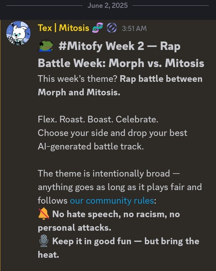 fMchxx's tweet photo. The 2nd week of Mitosis Mitofy campaign kicof in a special way!
A rap battle between @MitosisOrg and @morphnetwork ecosystems
Users can pick a side, either #TeamMitosis or #TeamMorph and create their own unique AI generated track. Response to other tracks is allowed https://t.co/z49KTSzJKI