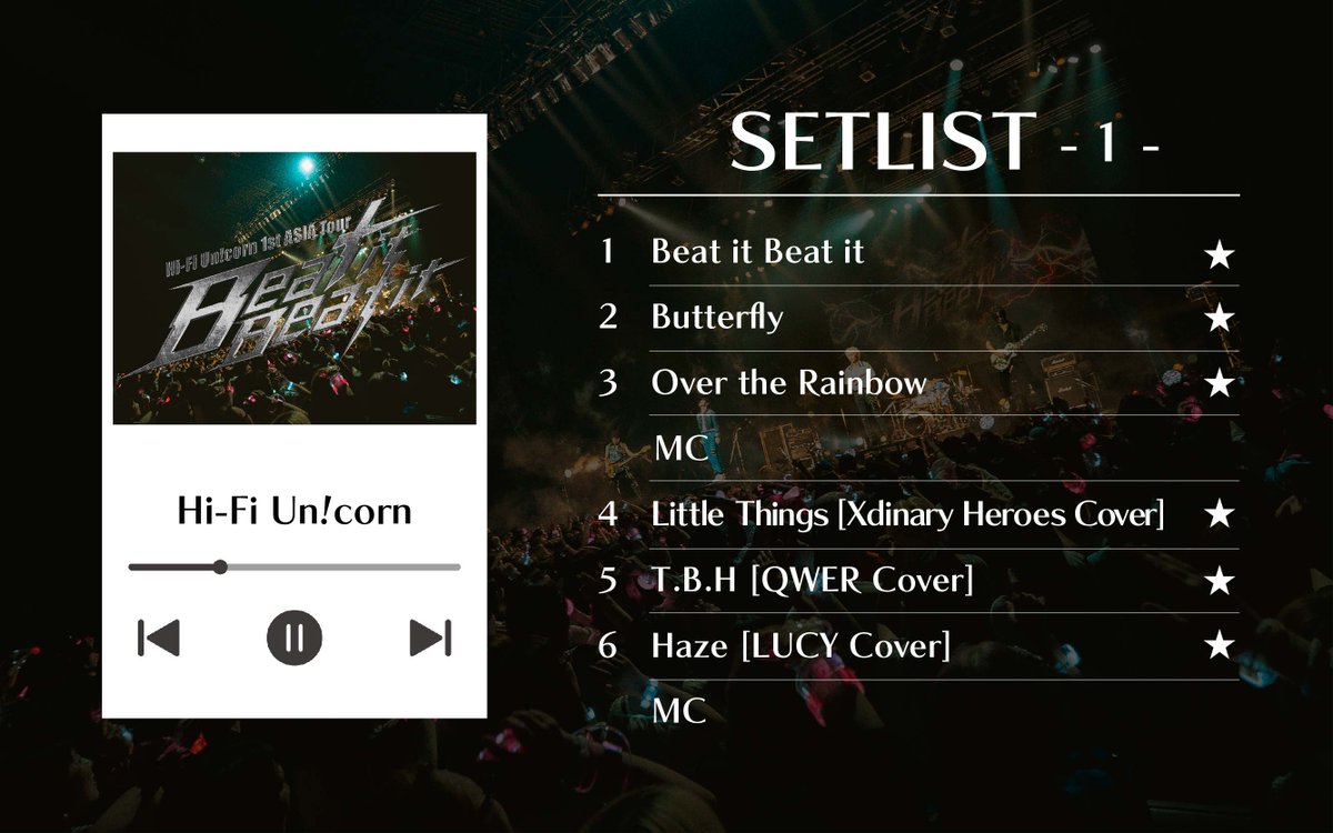 HFU_official's tweet photo. [🎧] Hi-Fi Un!corn 1st ASIA Tour "Beat it Beat it" SETLIST -1-

1.Beat it Beat it
https://t.co/CkgvNcYMMh

2.Butterfly
https://t.co/9cBcu4bwVR

3.Over the Rainbow
https://t.co/qvaQPEN3al

4.Little Things [Xdinary Heroes Cover]
https://t.co/RT5a0p38tw

5.T.B.H [QWER Cover]

6.Haze [LUCY Cover]
https://t.co/3qzfMocq9h

#HiFiUnicorn #Beat_it_Beat_it