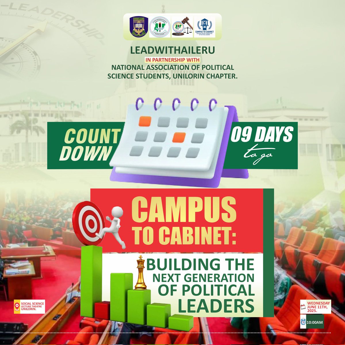 AncestorAileru's tweet photo. 🔥 09 DAYS TO GO! 🔥
Leadership isn’t a title — it’s a journey.
#CampusToCabinet is where that journey begins!
🎓 Students → Strategists → Statesmen.
🗓️ June 11 2025| 📍 Unilorin
Don’t just attend. Belong. Build. Become.
#CampusToCabinet
#09DaysToGo
#LeadWithAileru
#Leadership https://t.co/xEoR7nrgKw