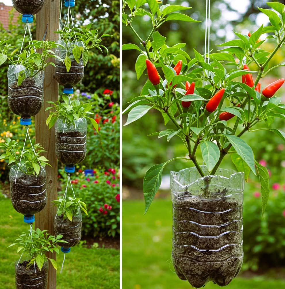 Raising chilli In hanging bootles👌