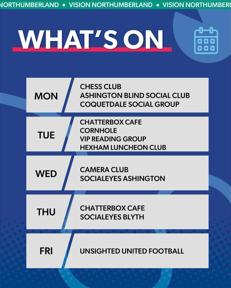 📅 What's On This Week with Vision Northumberland. 📅
Something is happening every day this week—and you're invited! Whether you're after good company, a creative outlet, or an active kick-about, we've got a fab line-up ready for you. 

For more info DM or call 01670 514316. 📞