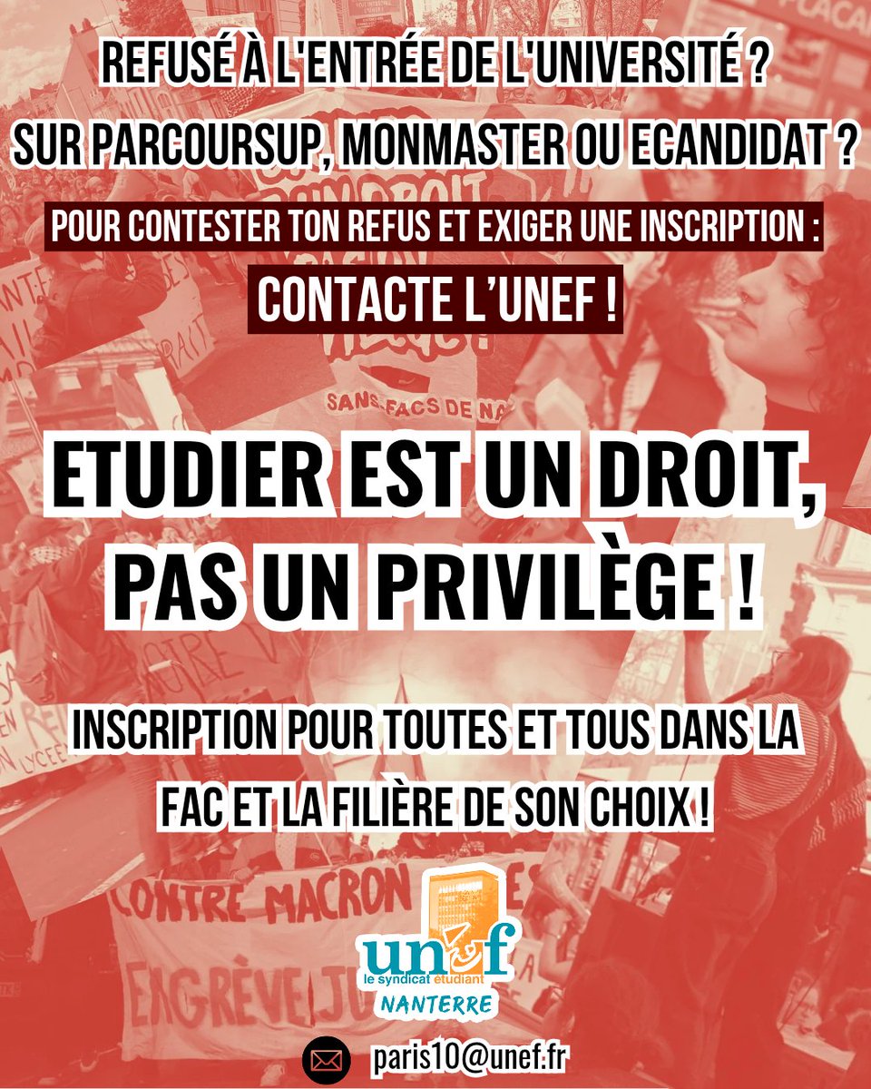 unefnanterre's tweet photo. 📢 Refusé à l'université sur #Parcoursup, #MonMaster, #ECandidat, ou #CampusFrance ? Contacte l'UNEF !

✊ À l'UNEF nous nous opposons à la #sélection. Étudier est un droit et pas un privilège ! 
Il est possible de contester les refus et de se battre pour des inscriptions à la fac !

🤜 Inscription pour toutes et tous dans la fac et la filière de son choix !