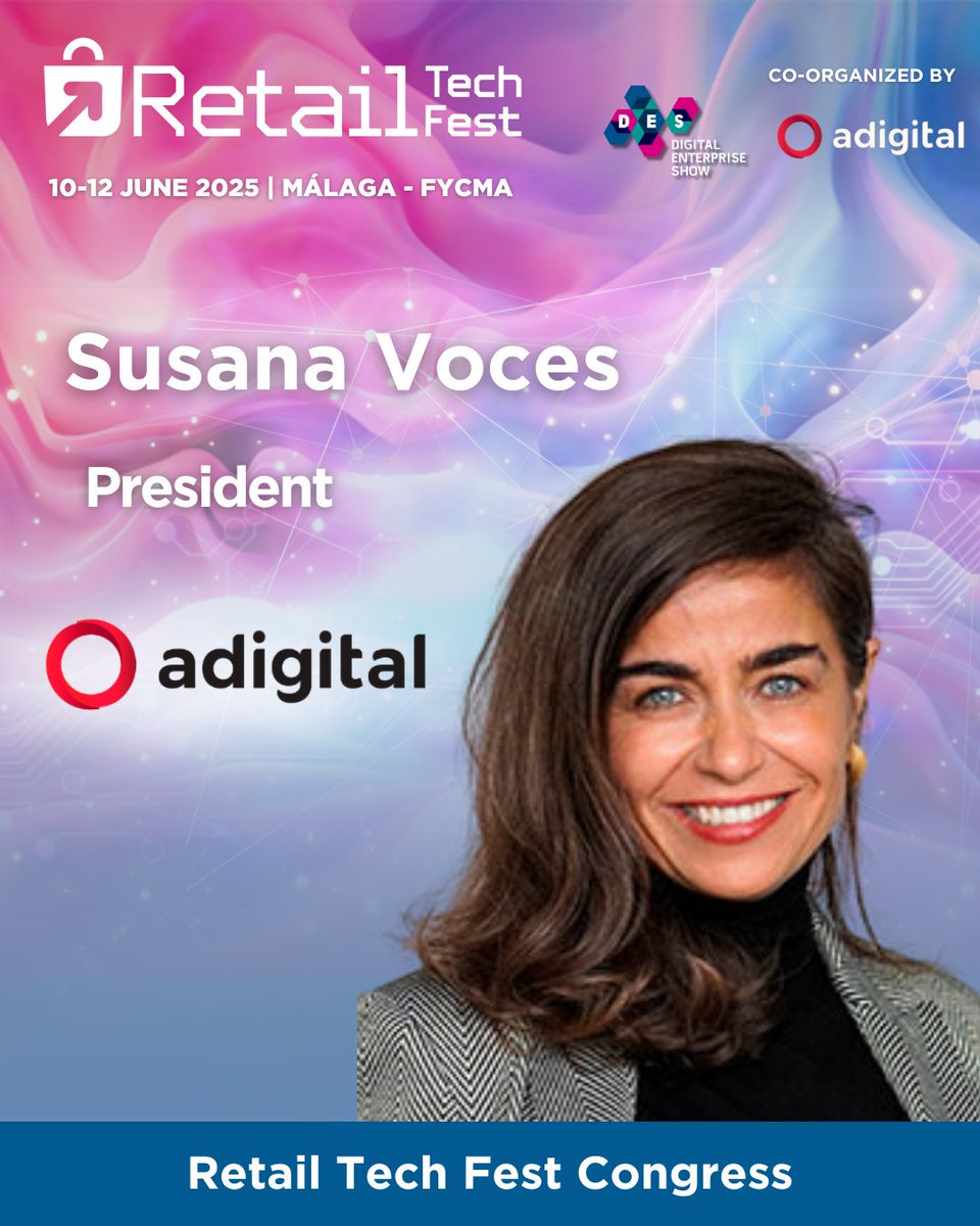 DES_show's tweet photo. 💥We are pleased to announce that
@VocesSusana (@adigital_org) will join us as a top speaker at Retail Tech Fest 2025!
We look forward to seeing you at #RetailTechFest!
👉🏻Get your pass now:https://t.co/uzAgQX6Gy8
📅 10 - 12 June 2025 📍Málaga - FYCMA https://t.co/bewJxiNSiw