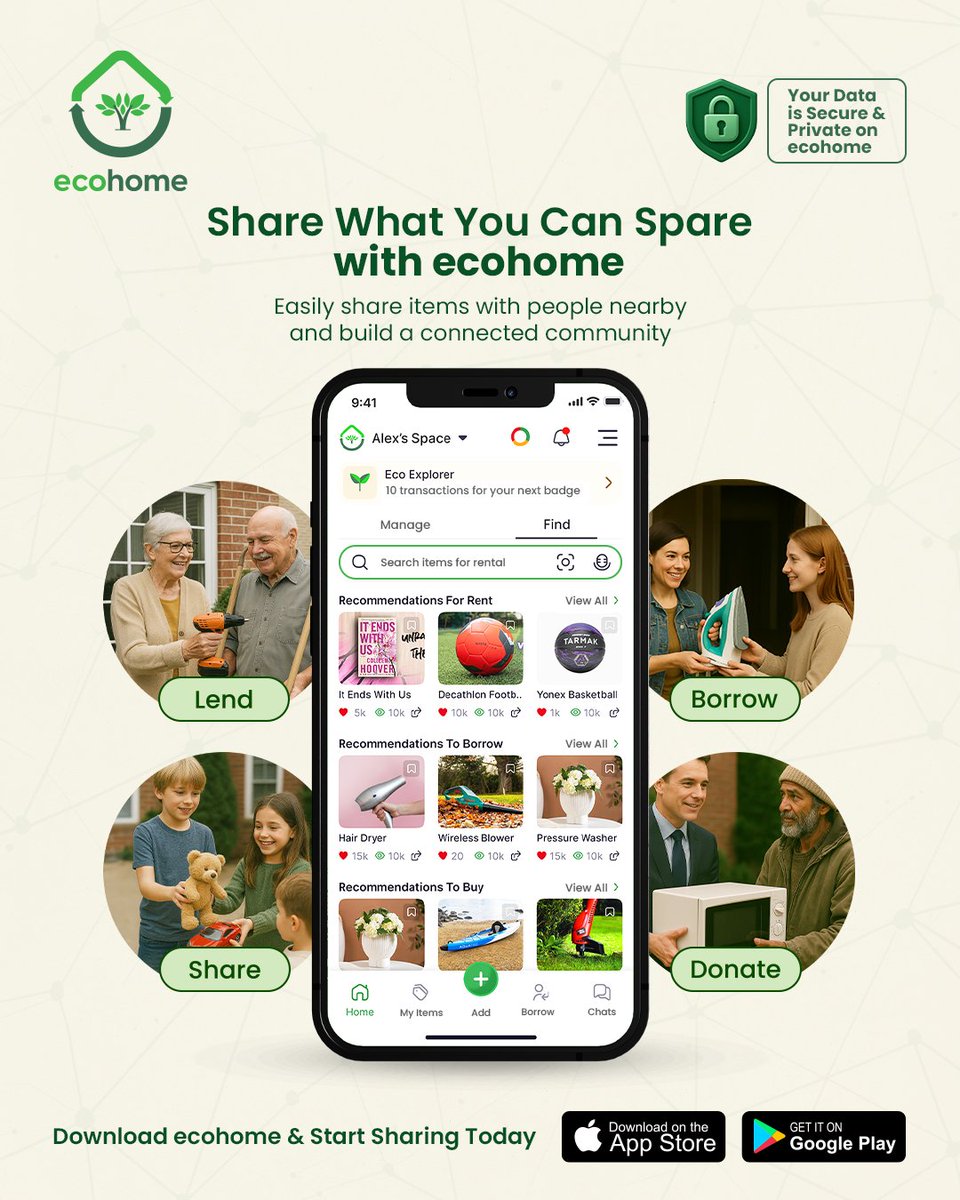 EcohomeLlc23869's tweet photo. Need a camping tent for the weekend or a ladder for a quick fix?

With ecohome, borrow, lend, and share items securely with trusted neighbors &amp; friends. 

🔒 Verified users &amp; privacy controls
🤝 Reduce waste &amp; build real connections

📲 Download: https://t.co/JwpLd5uBdH https://t.co/moL5LJKeWR