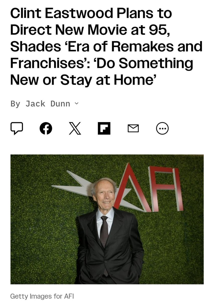 🎬 Clint Eastwood at 95: “Do something new—or stay home.”

Retirement? Not even close.
Eastwood, turning 95, is in pre-production for his next film and not holding back on Hollywood’s current trend.
“I have much more experience now. Age doesn’t mean decline.”
“As long as I’m