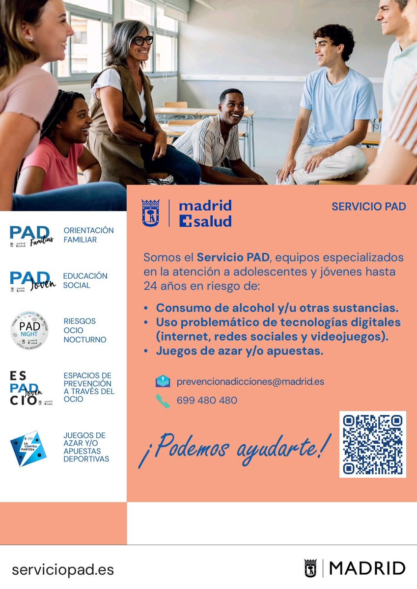 Madrid Salud. Ayuntamiento de Madrid (@madridsalud) on Twitter photo 👨👩👧👦 ¿Te preocupa el bienestar de tu hijo o hija?
Desde el <a href="/ServicioPAD/">Servicio PAD. Ayuntamiento de Madrid</a> de <a href="/madridsalud/">Madrid Salud. Ayuntamiento de Madrid</a>, acompañamos a familias con adolescentes y jóvenes de hasta 24 años que puedan estar en riesgo por:
🔹 Consumo de alcohol u otras sustancias
🔹 Uso problemático de redes sociales, videojuegos o 👨👩👧👦 ¿Te preocupa el bienestar de tu hijo o hija?
Desde el <a href="/ServicioPAD/">Servicio PAD. Ayuntamiento de Madrid</a> de <a href="/madridsalud/">Madrid Salud. Ayuntamiento de Madrid</a>, acompañamos a familias con adolescentes y jóvenes de hasta 24 años que puedan estar en riesgo por:
🔹 Consumo de alcohol u otras sustancias
🔹 Uso problemático de redes sociales, videojuegos o