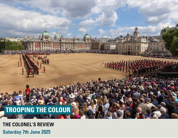 Trooping's tweet image. The Colonel's Review of Trooping the Colour will take place on Saturday 7th June on Horse Guards Parade at 11am. The Colour will be trooped by Number 7 Company Coldstream Guards.
Free viewing from The Mall.
#KBP2025 #TroopingTheColour #coldstreamguards