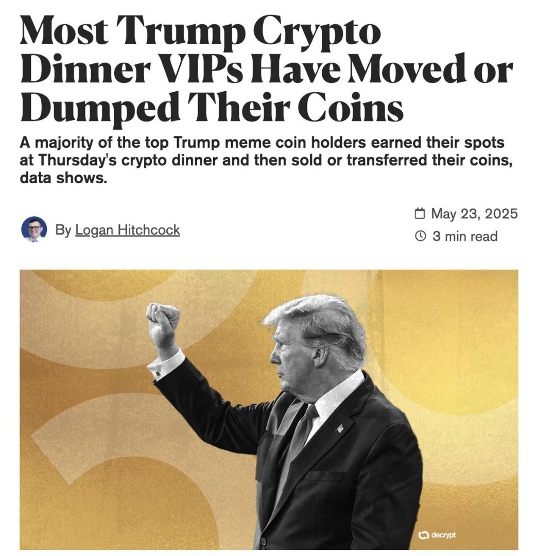 ninjacrypty's tweet photo. $TRUMP top holders dumped their tokens even before the dinner with Donald Trump.

While Trump was preparing for the gala dinner with the largest token holders, most of the guests had already sold their coins on exchanges. https://t.co/bAaBANnew1