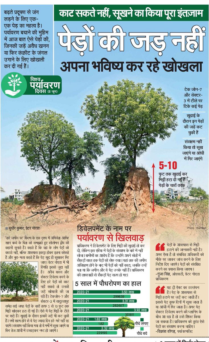 काटने पर रोक है तो इतना असहाय बना दो  कि अपने आप ही गिर जाए। कुछ यही हो रहा है विकास में बाधक बनने वाले पेड़ों के साथ <a href="/CeoNoida/">CEO, NOIDA Authority</a> #WorldEnvironmentDay