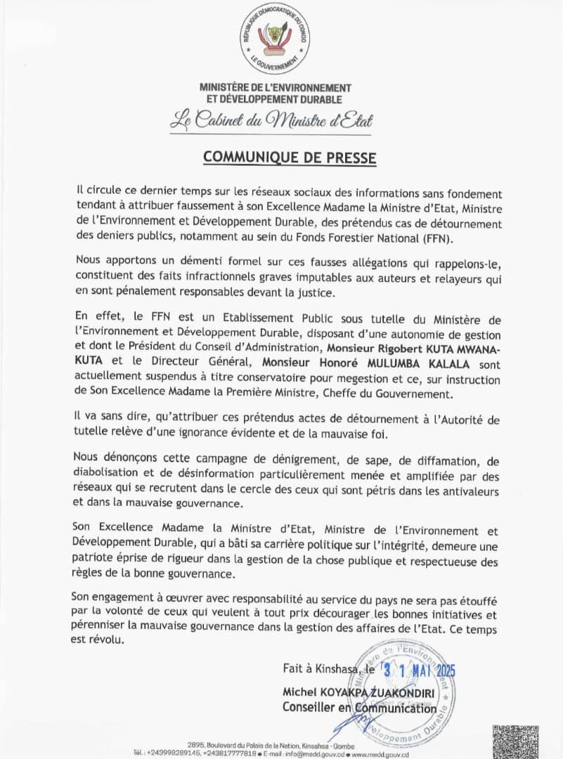 Communiqué de presse du Ministère de l'Environnement et Développement Durable (MEDD) de la RDC
<a href="/Evebazaiba/">Eve Bazaiba</a> <a href="/JusticeGouvCD/">Ministère de la Justice</a> <a href="/Interieur_RDC/">Ministère de l'Intérieur de la R.D Congo</a>