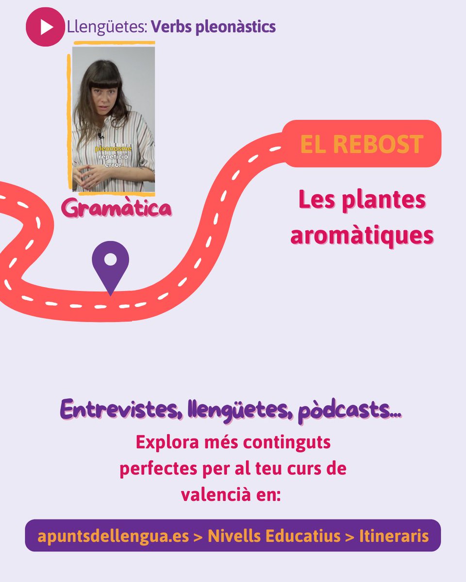📍Explora els nostres itineraris! Els continguts d'Apunts de Llengua perfectes per a cada curs.

📖Trobaràs quines Llengüetes, exercicis, episodis del pòdcast o vídeos s'adapten al teu temari. Hui: examples ideals per al 1r de Batxillerat ✈️.

👀Més en: bit.ly/41ZKitD