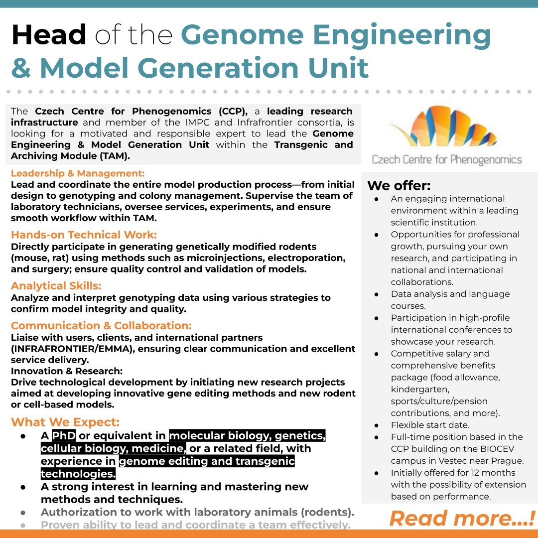 researchjobs.cz (@researchjobs_cz) on Twitter photo <a href="/CZphenogenomics/">Czech Centre for Phenogenomics</a> <a href="/imgprague/">Institute of Molecular Genetics</a> is looking for a motivated and responsible expert to lead the #Genome Engineering & Model Generation Unit
Read more: researchjobs.cz/VT5k6
#molecularBiology #genetics #cellularBiology #medicine #jobs <a href="/CZphenogenomics/">Czech Centre for Phenogenomics</a> <a href="/imgprague/">Institute of Molecular Genetics</a> is looking for a motivated and responsible expert to lead the #Genome Engineering & Model Generation Unit
Read more: researchjobs.cz/VT5k6
#molecularBiology #genetics #cellularBiology #medicine #jobs
