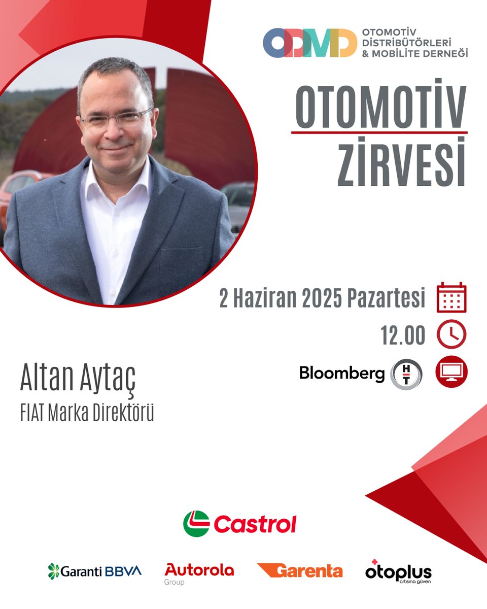 Otomotiv Distribütörleri ve Mobilite Derneği (ODMD) ile Bloomberg HT işbirliğinde 5.'sini gerçekleştirdiğimiz Otomotiv Zirvesi’nin bugünkü programına FIAT Marka Direktörü Altan Aytaç konuk oluyor. Yayını 12. 00’de Bloomberg Ht TV’de izleyebilirsiniz.